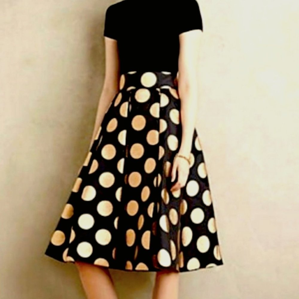 Anthropologie Moulinette Soeurs Moonbeam Skirt in Black and Gold Polka Dot Motif